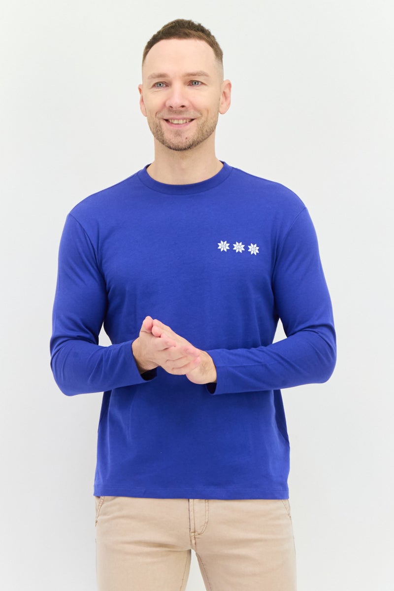 GAS تي شيرت رجالي بأكمام طويلة وياقة دائرية بشعار العلامة التجارية، أزرق - Image 1