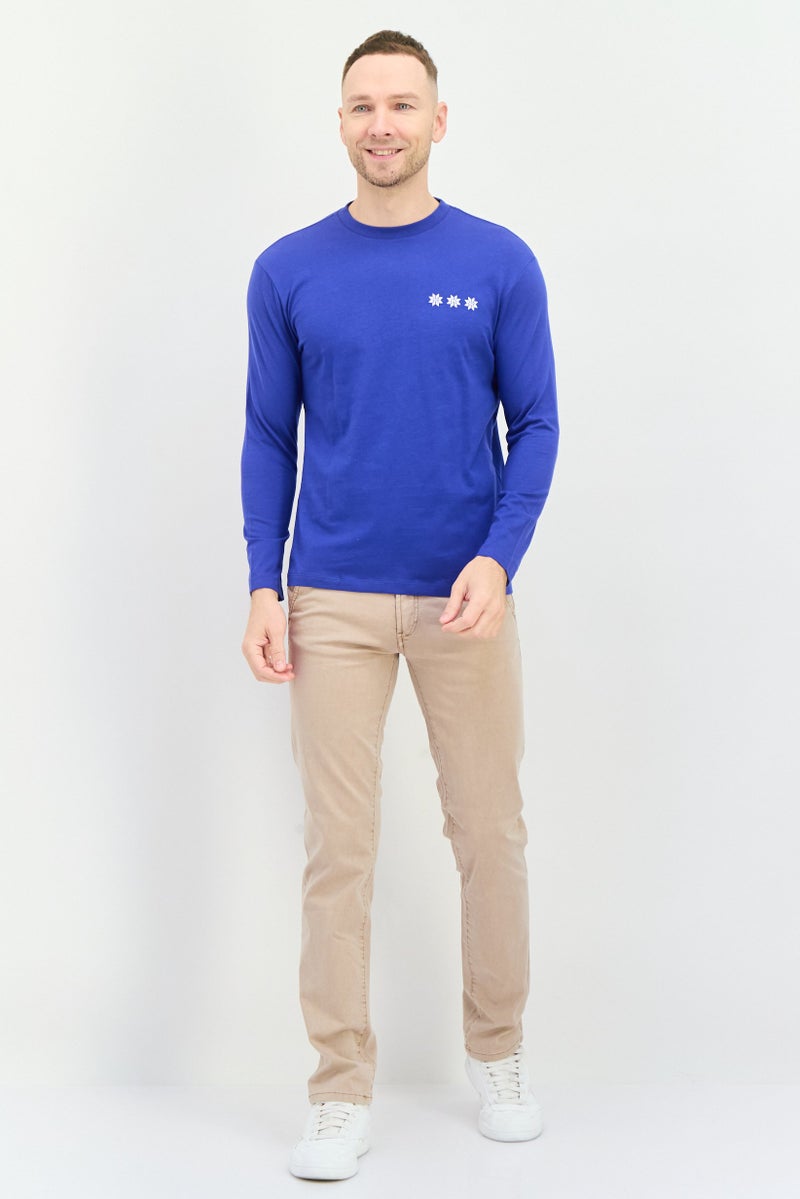 GAS تي شيرت رجالي بأكمام طويلة وياقة دائرية بشعار العلامة التجارية، أزرق - Image 4