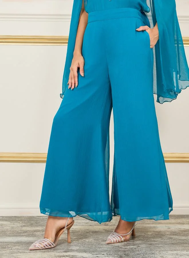 Styli Embellished Cape Sleeves Top and Wide Flared Pant Set