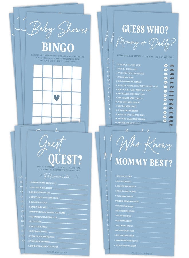 Your Main Event Prints Blue Boy Baby Shower Games and Activities, Minimalistic Design, Bingo, What's in Your Phone, Guest Quest, Who Knows Mommy Best, 25 Pack - Image 1