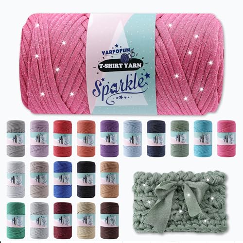 YARFOFUN Sparkle Tshirt Yarn for CrochetHot Pink T Shirt Soft Elastic Fabric Thick TShirt Crochet Shining Glitter Sparkle Yarn for Crocheting Knitting Beginner Hand Knitting BagDIY CraftHome Decor - Image 1