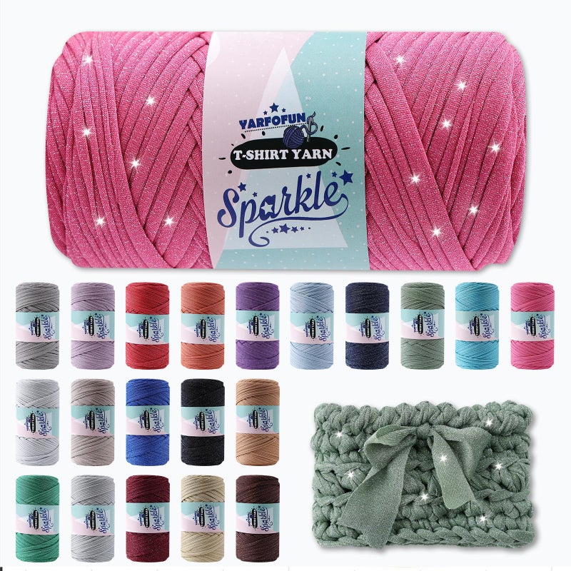 YARFOFUN Sparkle Tshirt Yarn for CrochetHot Pink T Shirt Soft Elastic Fabric Thick TShirt Crochet Shining Glitter Sparkle Yarn for Crocheting Knitting Beginner Hand Knitting BagDIY CraftHome Decor - Image 3