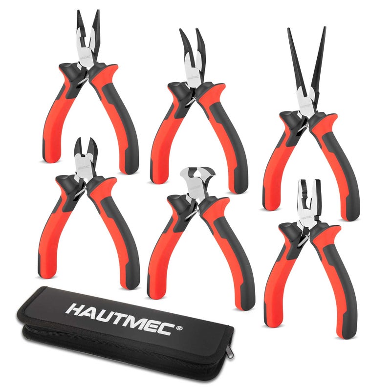 HAUTMEC 6PCS Mini Pliers Set High Leverage Multi Small Pliers Tool Set with Small Needle Nose Pliers Set Linesman Long Nose Bent Nose Diagonal Cutters End Cutting Plier for Jewelry and Electronic