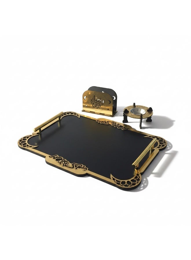 Serving Set ( Laser Wooden Tray & Incense Burner & Napkin Holder) - Image 1