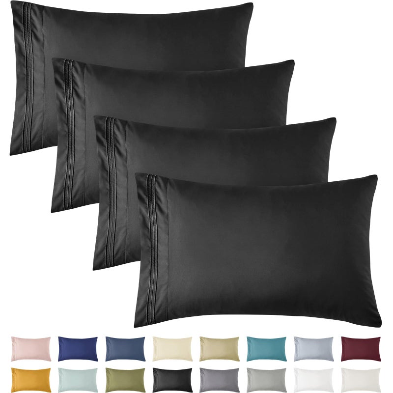 YIYEA Pillow Cases Queen Size Set of 4 Ultra Soft 1800TC Hotel Quality Double Brushed Microfiber Embroidered Pillowcases Envelope Closure Fade Resistant 20x30 Black