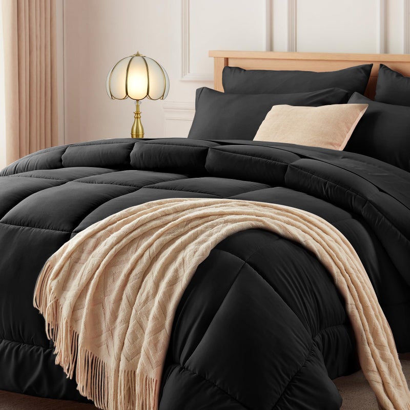 Newspin Full Bed in a Bag  7 Pieces Black Comforter Set All Season Ultra Soft Bedding Comforter Set with Comforter Flat Sheet Fitted Sheet Pillowcases  Shams