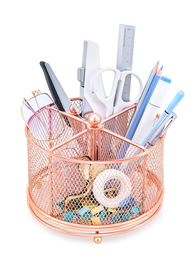 KASTWAVE Metal Pen Holder, 360° Rotating Makeup Brush Storage Cartridge, Desk Organizer for Home Office Supplies, 4 Compartments Mesh Organizer with Large Storage Capacity - Image 1