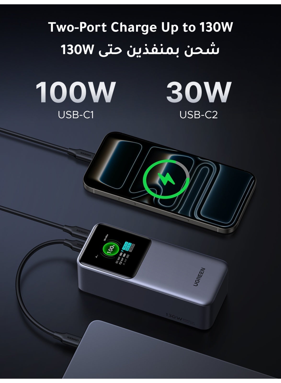 Ugreen Nexode Power Bank 20000mAh 130W PD Fast Charging 2 USB C & 1 USB A Portable Charger