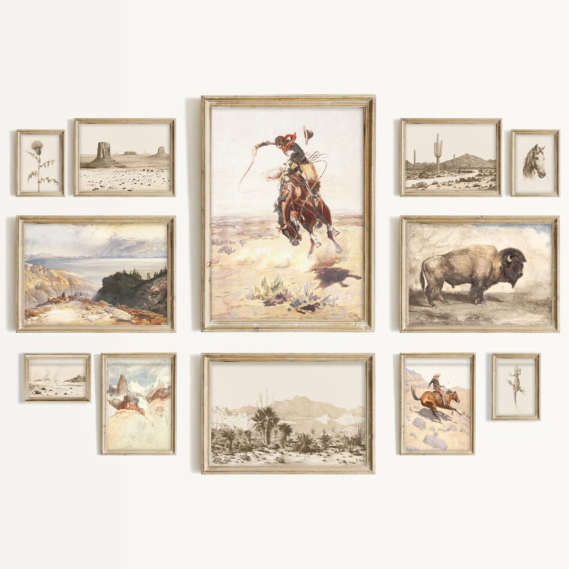 Aroutde Western Cowboy Canvas Wall Art Set, Vintage Western Print Cowboy Rodeo, Desert Landscape, Bison Farmhouse Picture, Rustic Southwest Wall Decor for Bedroom Eclectic Home Bathroom Deccorations 12Pcs (Unframed) - Image 1