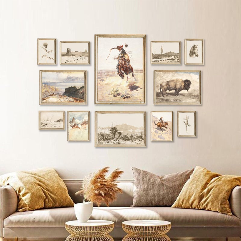 Aroutde Western Cowboy Canvas Wall Art Set, Vintage Western Print Cowboy Rodeo, Desert Landscape, Bison Farmhouse Picture, Rustic Southwest Wall Decor for Bedroom Eclectic Home Bathroom Deccorations 12Pcs (Unframed) - Image 5