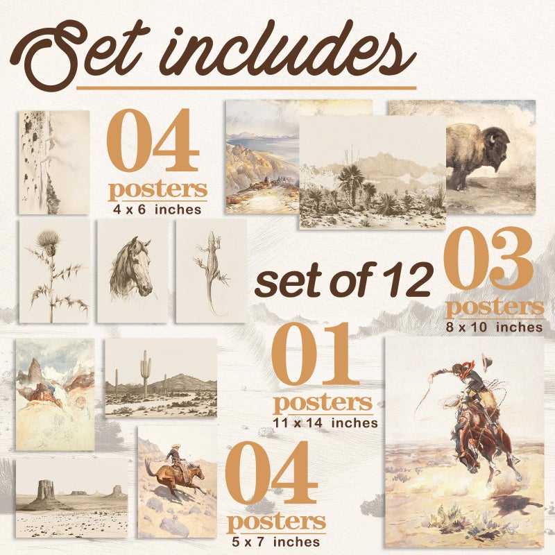 Aroutde Western Cowboy Canvas Wall Art Set, Vintage Western Print Cowboy Rodeo, Desert Landscape, Bison Farmhouse Picture, Rustic Southwest Wall Decor for Bedroom Eclectic Home Bathroom Deccorations 12Pcs (Unframed) - Image 3