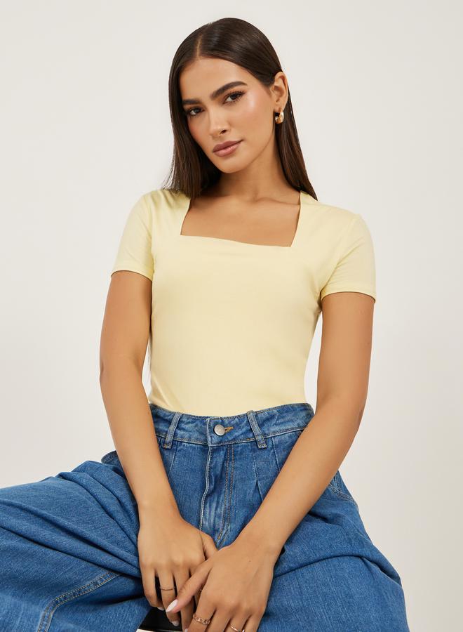 Styli Solid Square Neck Fitted Short Sleeve T-Shirt  - Image 1