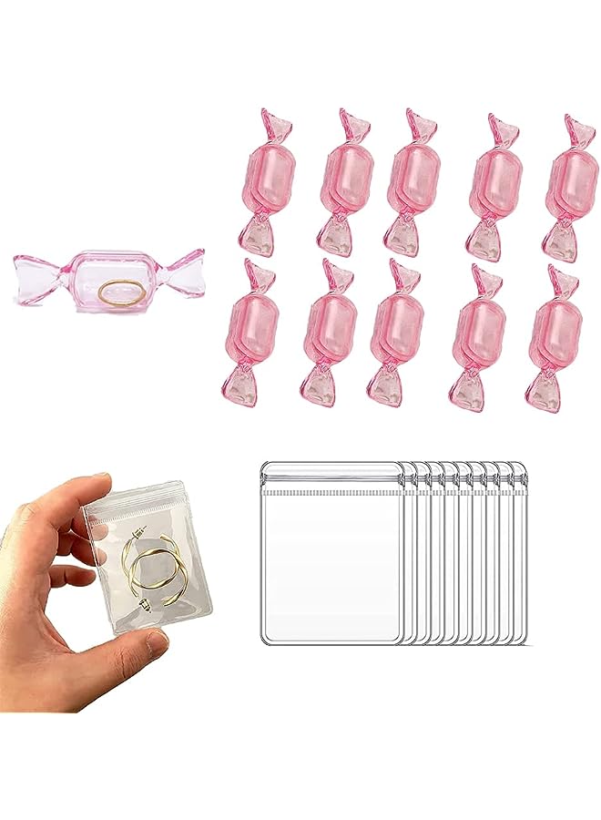 IAF Jewelry Organizer Set,10 Pack Anti Oxidation Jewellery Box Clear Jewelry Box Case, With 10 Pack PVC Clear Jewelry Anti Oxidation Zipper Bags (Transparent white) (Transparent pink) - Image 1