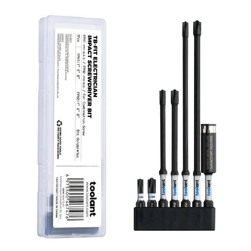toolant 7pcs TBFit Electrician Impact Screwdriver Bit Set FPH1PH1SL45FPH2PH2SL6Screwdriver Bit Set 14 HexShank S2 Steel CNC Machined Tips with Magnetism