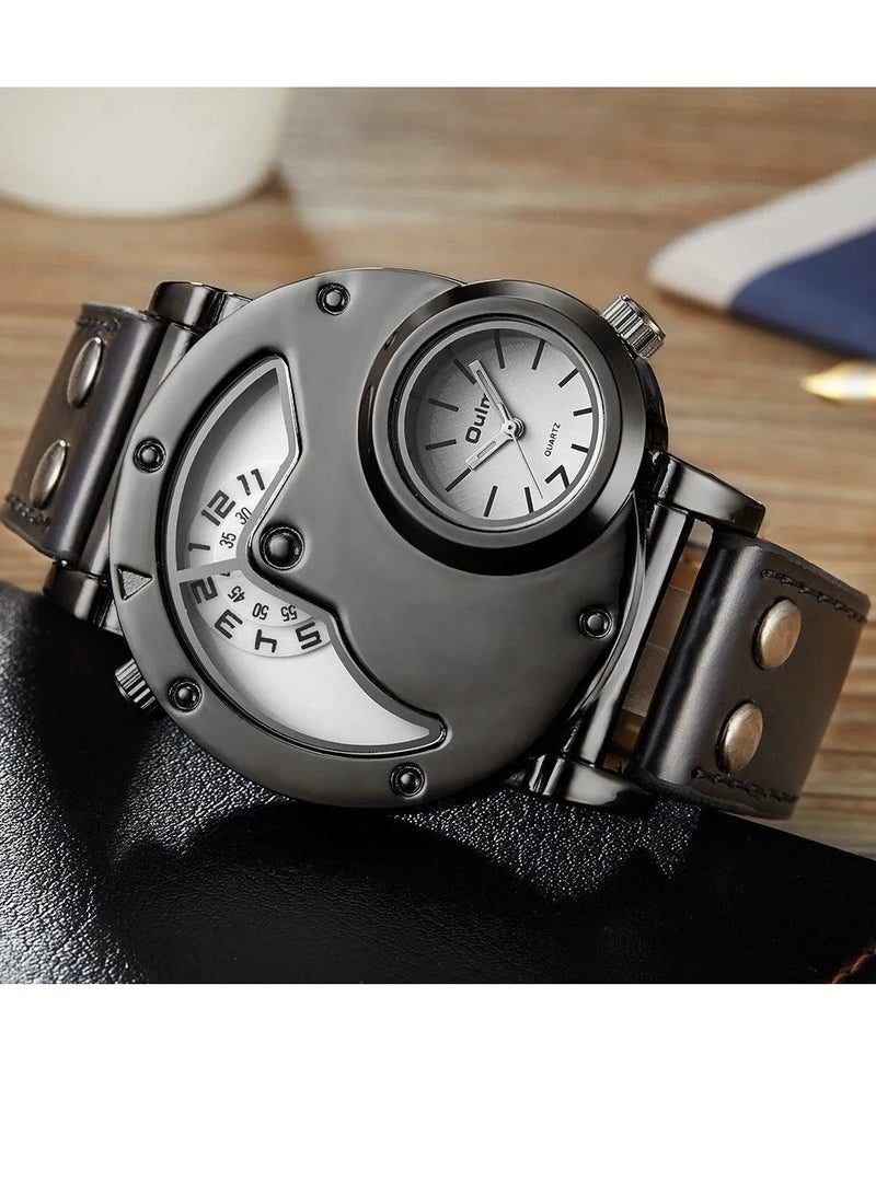أولم ساعة Oulm الرياضية الفريدة ذات المنطقة الزمنية المزدوجة للرجال من الكوارتز، ساعة يد جلدية PU كاجوال للرجال، اختيار مثالي للهدايا - Image 2