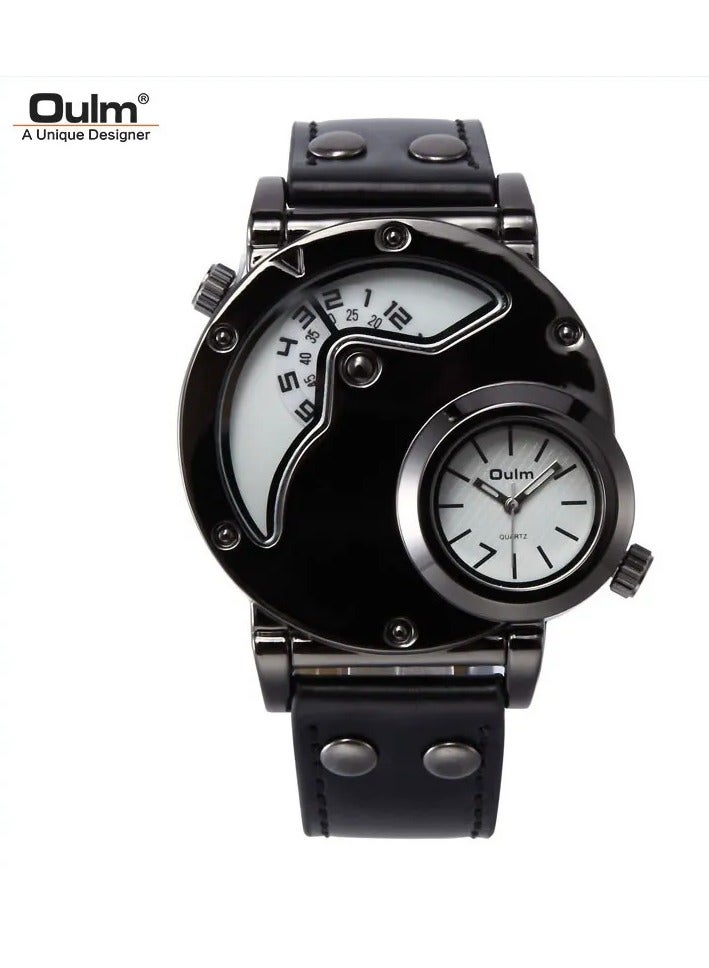 أولم ساعة Oulm الرياضية الفريدة ذات المنطقة الزمنية المزدوجة للرجال من الكوارتز، ساعة يد جلدية PU كاجوال للرجال، اختيار مثالي للهدايا - Image 1