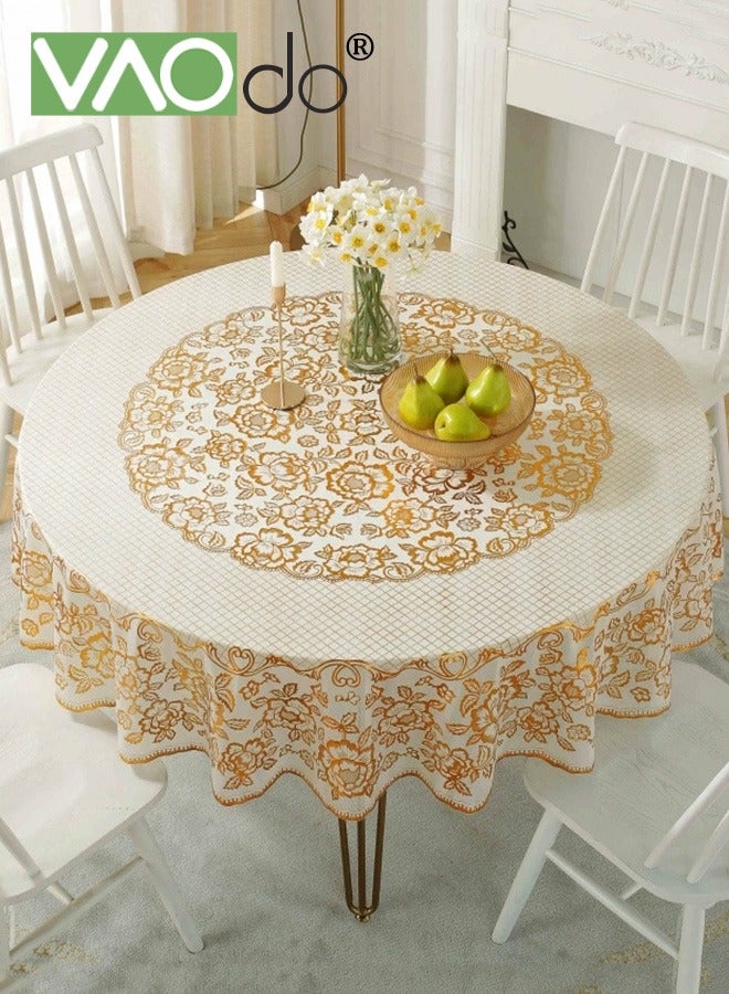 فاو دو مفرش طاولة دائري مقاوم للماء، بتطريز زهور بتقنية الختم الذهبي، غطاء طاولة من القماش المضاد للاتساخ للمطابخ وحفلات العشاء والزفاف والمطاعم مقاس 160 سم - Image 1