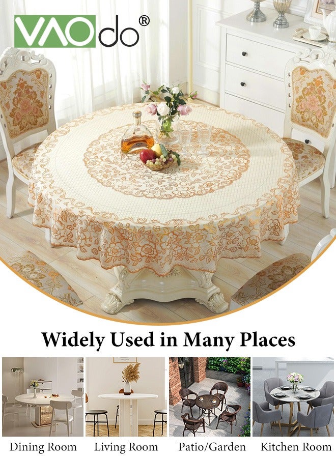 فاو دو مفرش طاولة دائري مقاوم للماء، بتطريز زهور بتقنية الختم الذهبي، غطاء طاولة من القماش المضاد للاتساخ للمطابخ وحفلات العشاء والزفاف والمطاعم مقاس 160 سم - Image 3