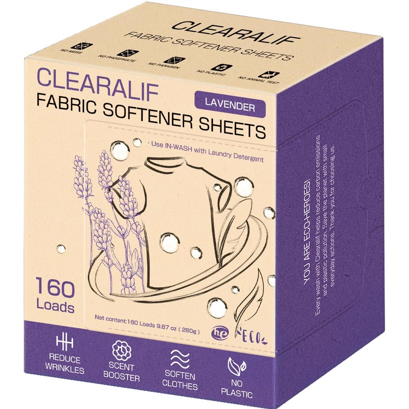 CLEARALIF laundry Fabric Softener Sheets, Lavender Scent, 160 Loads, Eco Friendly, Great For Travel, Apartments, Dorms. - Image 1