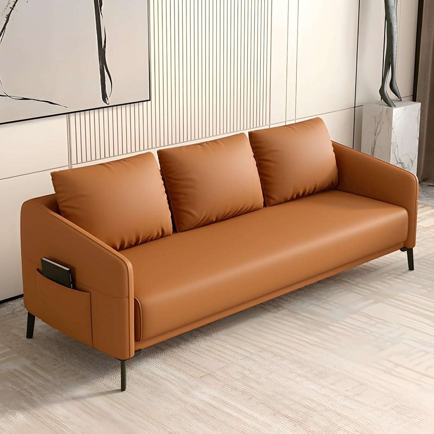 Modern Wood Frame Standard Sofa | Tear-Resistant Leather Upholstery | Solid Color | 3-Seater Couch with Square Arms | No Assembly Required (Orange)