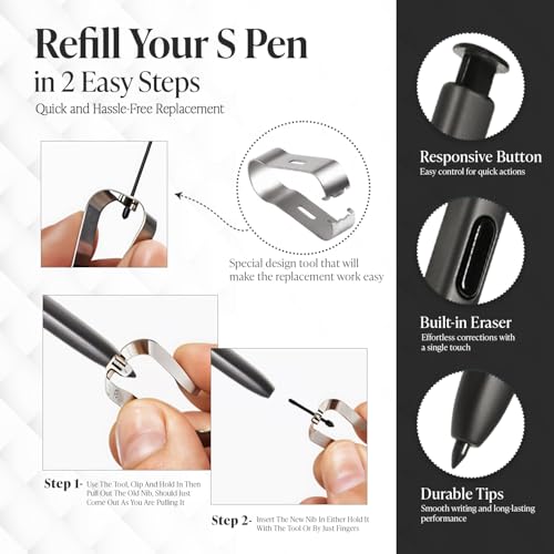 The AutoStory Replacement Stylus Pen/S Pen Compatible with Samsung Galaxy S24 Ultra Without Bluetooth with 5 Extra Tips/Nibs and tweezer (Black) - Image 4