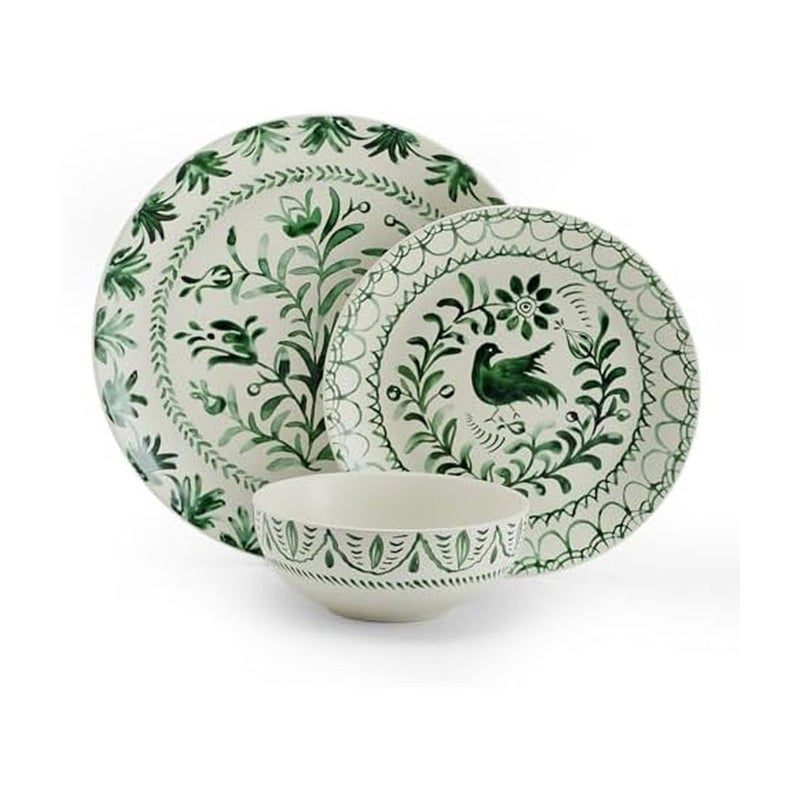 Fitz & Floyd Fitz and Floyd Sicily Green 12-Piece Dinnerware Set - Stoneware Plates and Bowls Set for 4, Floral Green and White Dish Set, Microwave and Dishwasher Safe - Image 1