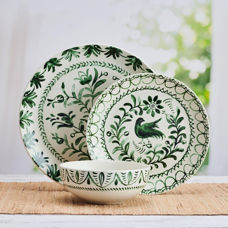 Fitz & Floyd Fitz and Floyd Sicily Green 12-Piece Dinnerware Set - Stoneware Plates and Bowls Set for 4, Floral Green and White Dish Set, Microwave and Dishwasher Safe - Image 3