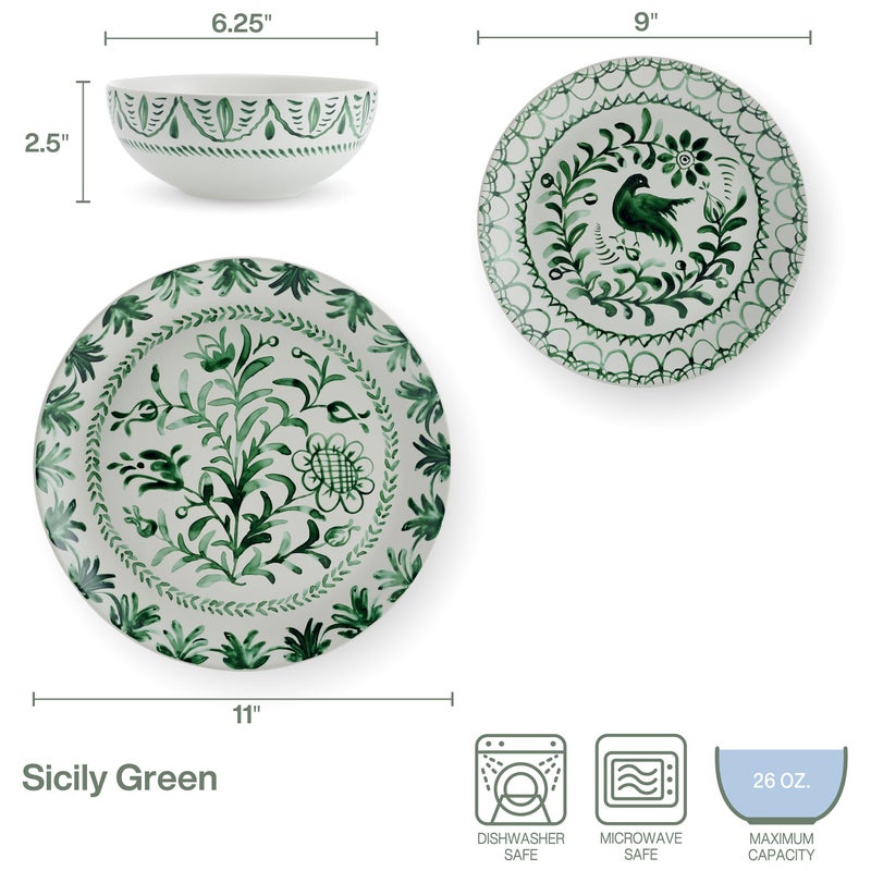 Fitz & Floyd Fitz and Floyd Sicily Green 12-Piece Dinnerware Set - Stoneware Plates and Bowls Set for 4, Floral Green and White Dish Set, Microwave and Dishwasher Safe - Image 2
