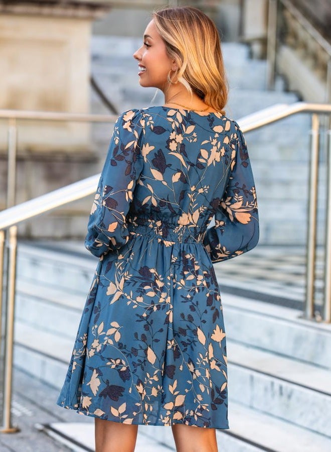 SIMPLEE Womens Floral Mini Dress Long Sleeve Casual V Neck Chiffon Modest Boho Flowy Fall Wedding Guest Dresses, Grey Blue Floral, XL - Image 4