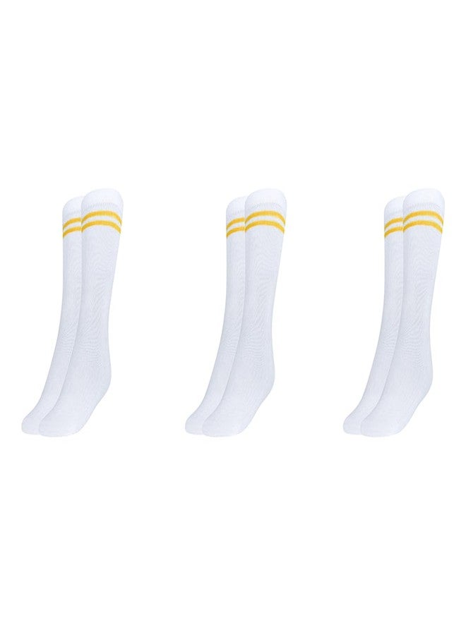 MUKHAKSH (Pack of 3 Pairs Boys Kids White Socks with Yellow Stripes Border Lining White with Yellow Stripes Calf Length School Uniform School Dress Socks, 11-12 Years