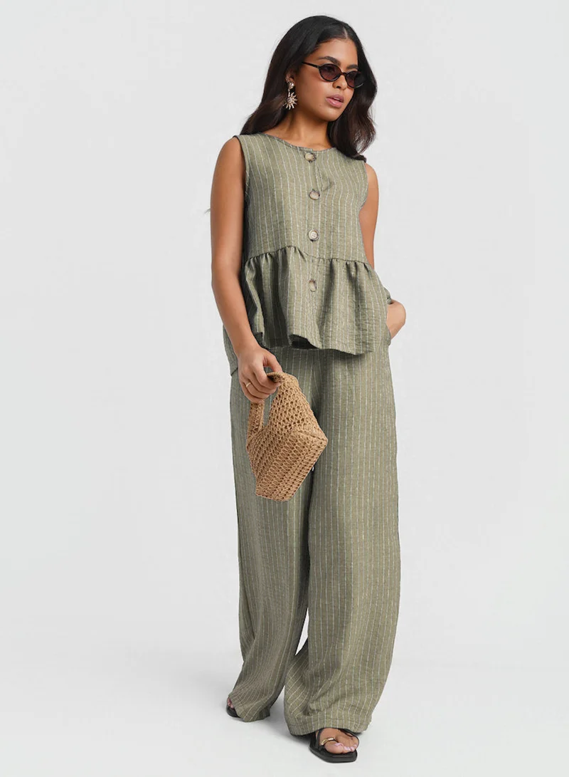 Khaki Stripe Peplum Co-ord Top