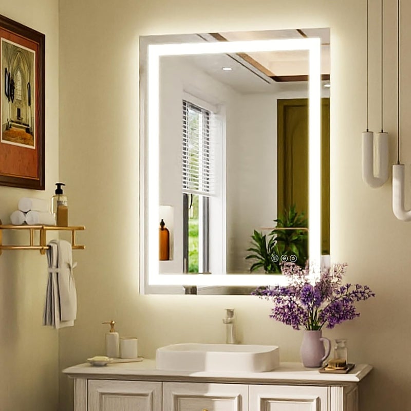 XRAMFY 32'' x 24'' LED Bathroom Mirror with Lights, Wall Mirror with Front and Backlight, 3 Colors Vanity Mirror with Lights, Anti-Fog Wall Mirror for Bathroom - Image 1