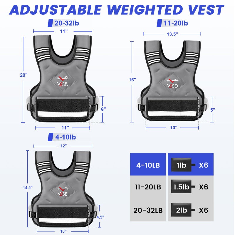 VBSD Adjustable Weighted Vest for Women Men 4-10LB Vest with 6 Ironsand Weights Body Weight Vest with Reflective Strip for Running Walking Strength Training Workouts Grey - Image 4