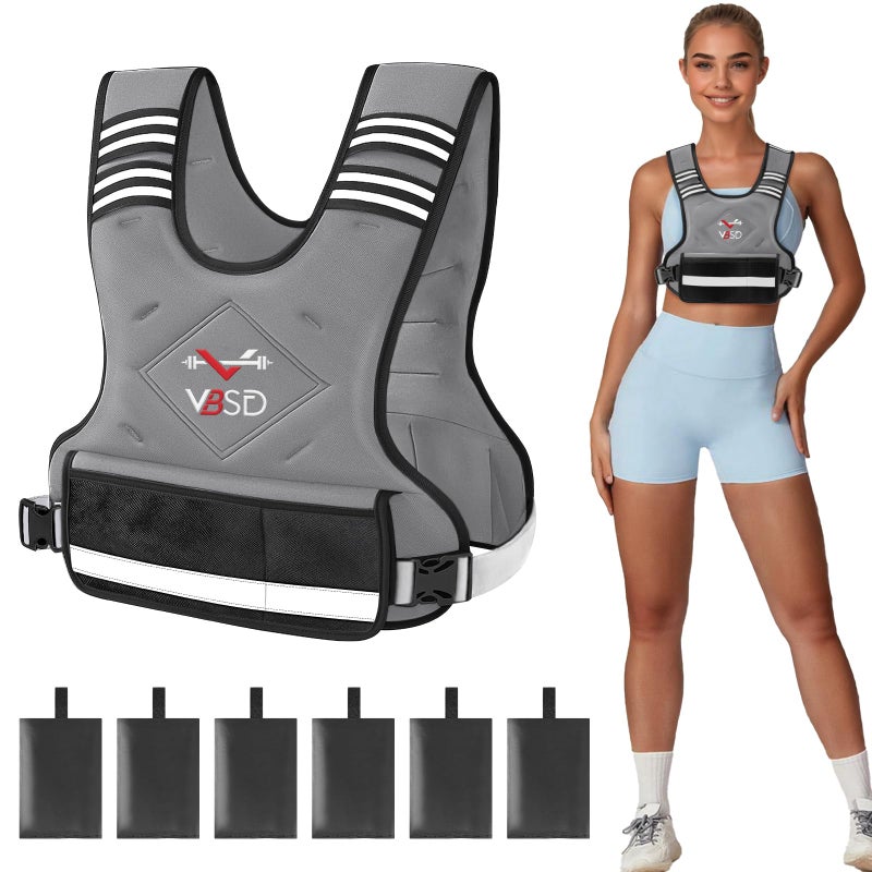 VBSD Adjustable Weighted Vest for Women Men 4-10LB Vest with 6 Ironsand Weights Body Weight Vest with Reflective Strip for Running Walking Strength Training Workouts Grey - Image 1