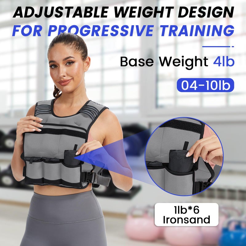 VBSD Adjustable Weighted Vest for Women Men 4-10LB Vest with 6 Ironsand Weights Body Weight Vest with Reflective Strip for Running Walking Strength Training Workouts Grey - Image 5