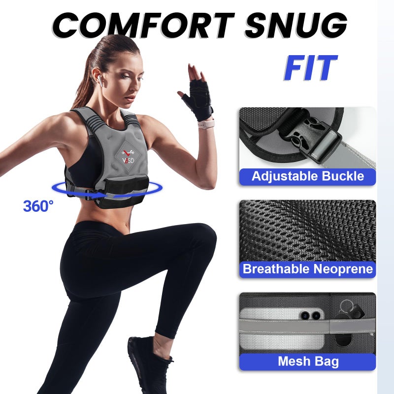VBSD Adjustable Weighted Vest for Women Men 4-10LB Vest with 6 Ironsand Weights Body Weight Vest with Reflective Strip for Running Walking Strength Training Workouts Grey - Image 2
