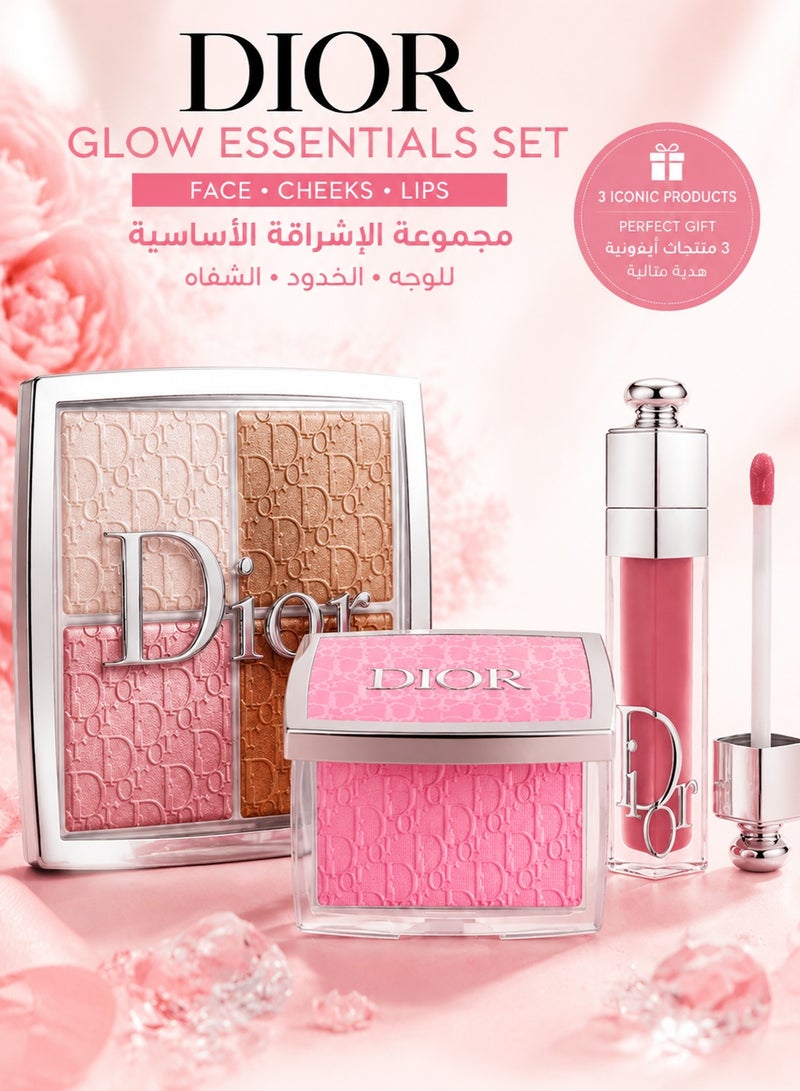 Dior 3PCS Makeup Set with Glow Face Palette, Pink Blush & Rosewood Lip Plumping Gloss, Highlighter Face Palette, Hydrating Shiny Lip Gloss for Women Natural Makeup - Image 1