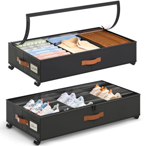 Yecaye Under Bed Storage with Wheels 2 Pack Under Bed Storage Containers with Adjustable Dividers Clear Window Rolling Underbed Organizer Bins Drawers for Clothes Shoes Blankets Black - Image 1