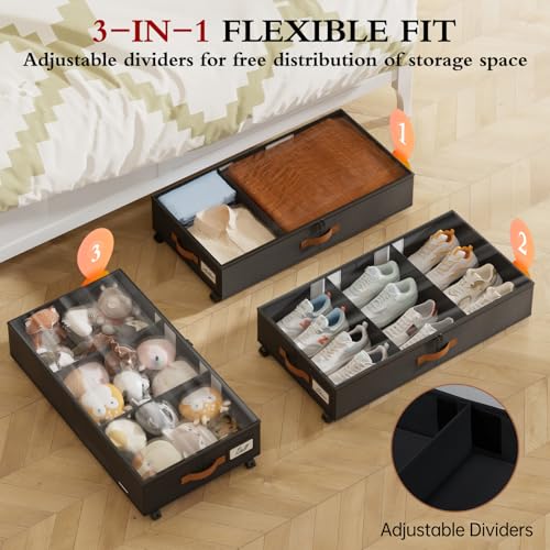 Yecaye Under Bed Storage with Wheels 2 Pack Under Bed Storage Containers with Adjustable Dividers Clear Window Rolling Underbed Organizer Bins Drawers for Clothes Shoes Blankets Black - Image 3