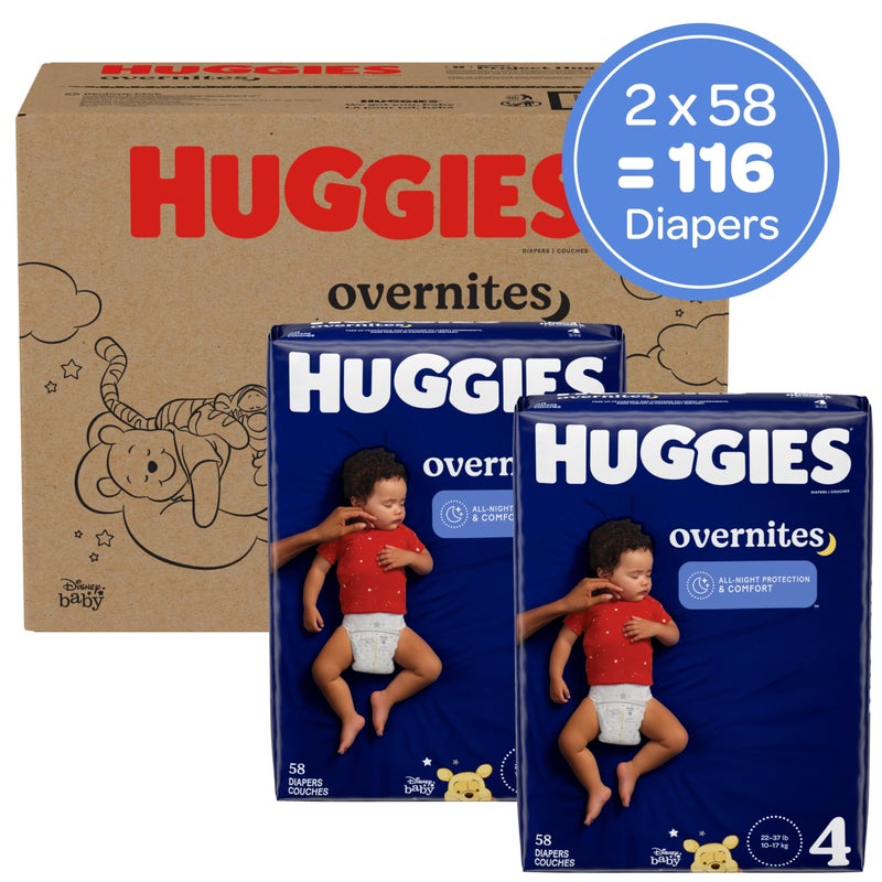 Huggies Size 4 Overnites Baby Diapers: Overnight Diapers, Size 4 (22-37 lbs), 116 Ct (2 Packs of 58) - Image 2