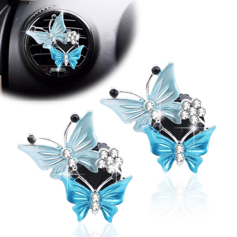 stymart 2Pcs Dual Butterfly Diamond Car Air Fresheners Vent Clips, Cute Dual Butterfly Air Vent Clips, Car Air Conditioning Outlet Clip Decorative Interior Accessories(Blue) - Image 1