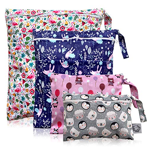 FLOCK THREE 4pcs Waterproof Wet Bag Reusable for Wet Clothes Baby Diapers Stroller Swimsuit Travel Reusable toiletries Pouch Small and Larger Electronics case 4 Pack (Windy Days) - Image 1