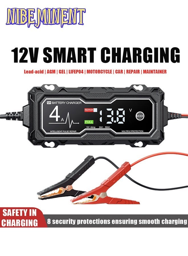 NIBEMINENT Corebox 12V 4A Smart Car Battery Charger, UK Plug 14.6V Automatic Battery Maintainer with Pulse Repair, LED Digital Display, 8 Safety Protections, for Lead Acid AGM GEL LiFePO4 Car Motorcycle Boat Batteries, Black - Image 1