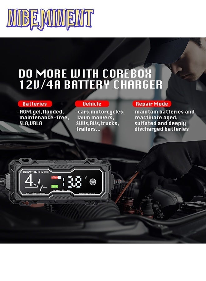NIBEMINENT Corebox 12V 4A Smart Car Battery Charger, UK Plug 14.6V Automatic Battery Maintainer with Pulse Repair, LED Digital Display, 8 Safety Protections, for Lead Acid AGM GEL LiFePO4 Car Motorcycle Boat Batteries, Black - Image 5