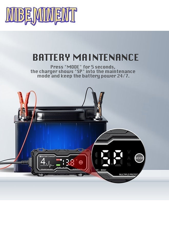 NIBEMINENT Corebox 12V 4A Smart Car Battery Charger, UK Plug 14.6V Automatic Battery Maintainer with Pulse Repair, LED Digital Display, 8 Safety Protections, for Lead Acid AGM GEL LiFePO4 Car Motorcycle Boat Batteries, Black - Image 4