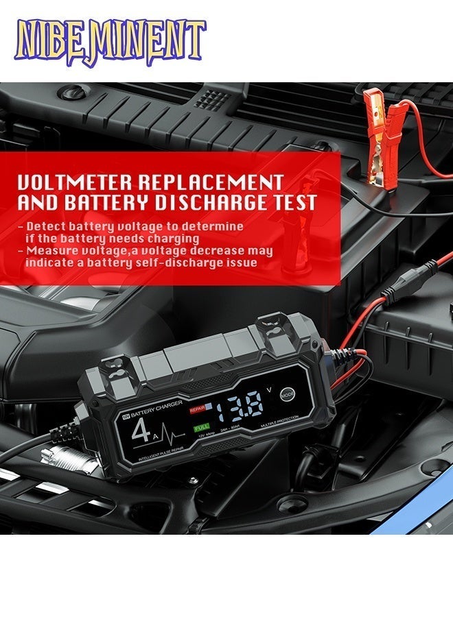 NIBEMINENT Corebox 12V 4A Smart Car Battery Charger, UK Plug 14.6V Automatic Battery Maintainer with Pulse Repair, LED Digital Display, 8 Safety Protections, for Lead Acid AGM GEL LiFePO4 Car Motorcycle Boat Batteries, Black - Image 3