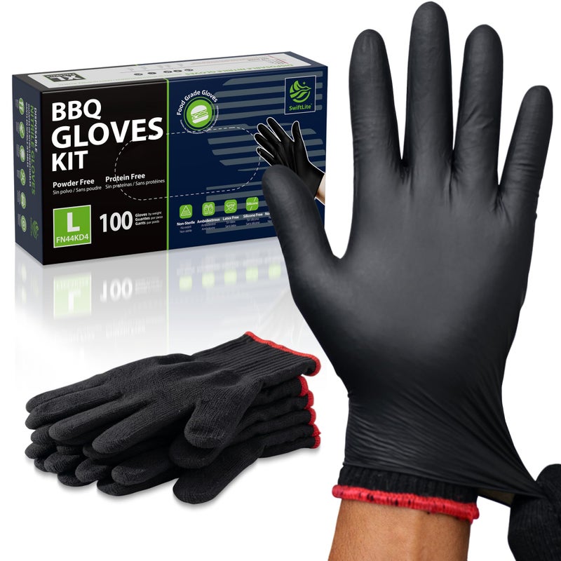 SWIFTLITE BBQ Gloves 6 Heat Resistant Cotton Liners 100 Disposable Nitrile Gloves for Barbecue Grilling Cooking Smoker Black Large - Image 2