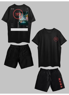 THREADCURRY THREADCURRY Surreal Tokyo Printed Co-ord Set for Men - Half Sleeve Oversized T-Shirt and Shorts  - Image 1