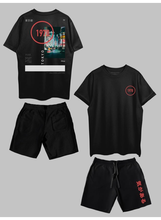 THREADCURRY THREADCURRY Surreal Tokyo Printed Co-ord Set for Men - Half Sleeve Oversized T-Shirt and Shorts  - Image 1