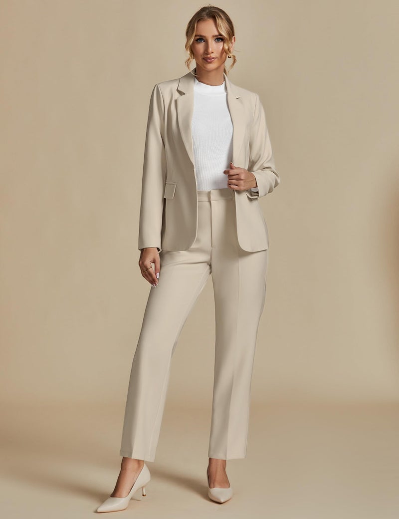 luvamia Women's Two Piece Sets Pants Suits Dressy Business Casual Outfits Professional Blazer Pantsuits Set Work Office Light Beige Large Fits US 12-14 - Image 3